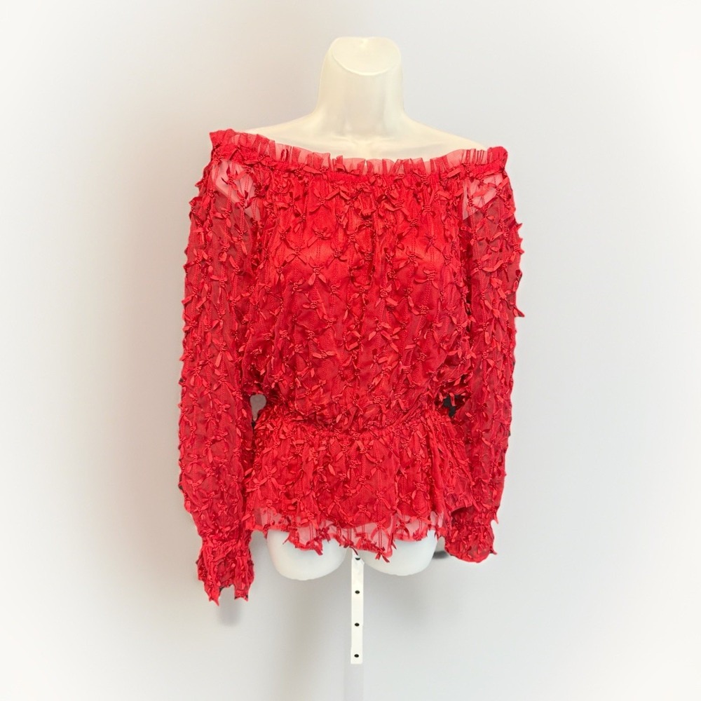 Vintage Debbie Shuchat Medium Blouse Red Textured Long Sleeve Elastic Waist NWT - Picture 3 of 9